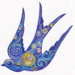 May include: A blue and yellow stylized swallow with a swirling pattern. The bird is in flight with its wings spread.
