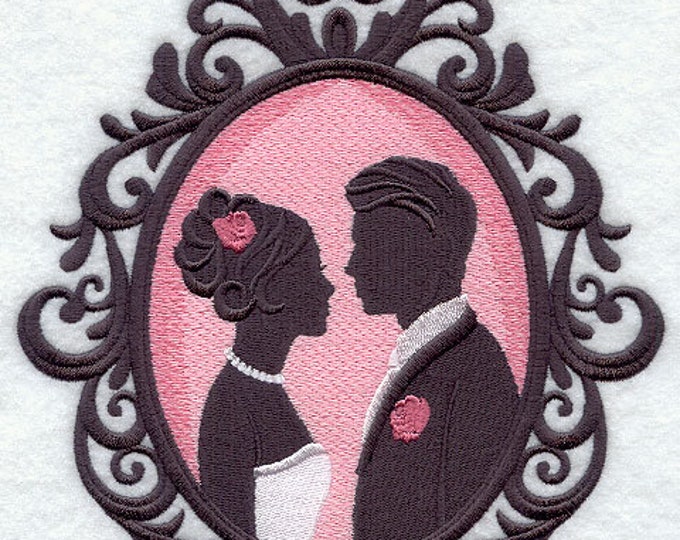 Bride Groom Silhouette cameo frame hand towel set custom embroidered personalized