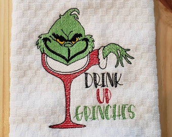 Grinch inspired Christmas wine glass kitchen dish towel