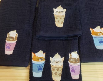Cat cappuccino kitchen towel set custom embroidered
