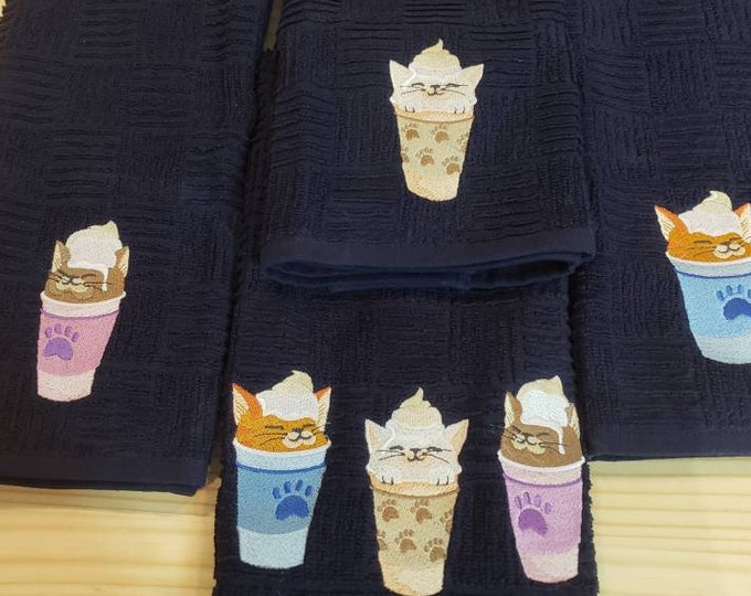 Cat cappuccino kitchen towel set custom embroidered