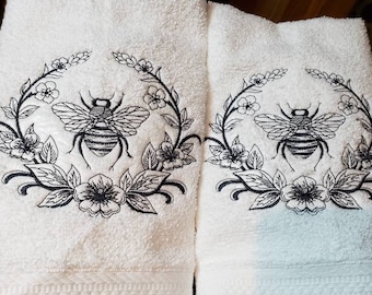 Bee Flourish bathroom decor hand towel set custom embroidered