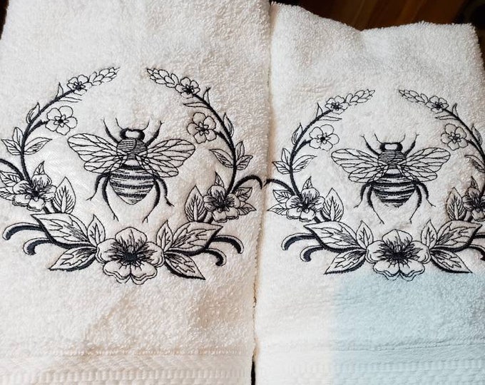 Bee Flourish bathroom decor hand towel set custom embroidered
