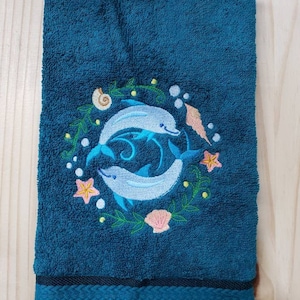 Dolphin love sea shell custom embroidered bath hand towel set