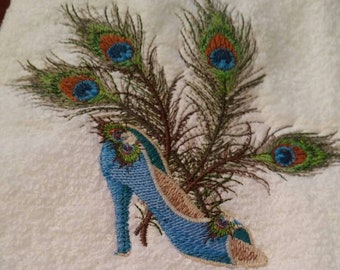 Peacock Feather High Heel Shoe Hand Towel Set Custom Embroidered Personalized