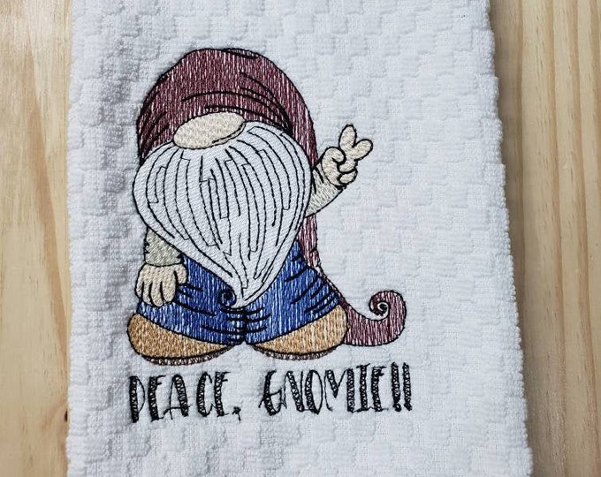 Peace Gnome gnomie  kitchen dish towel custom embroidered