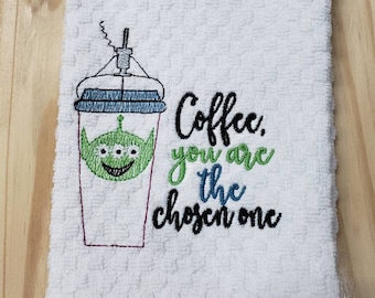 Disney Toy Story inspired Alien coffee kitchen dish towel custom embroidered