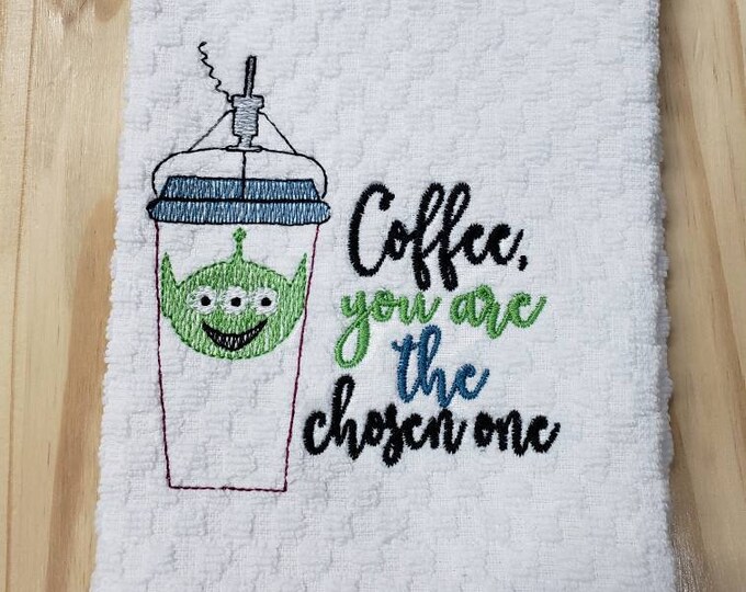 Disney Toy Story inspired Alien coffee kitchen dish towel custom embroidered