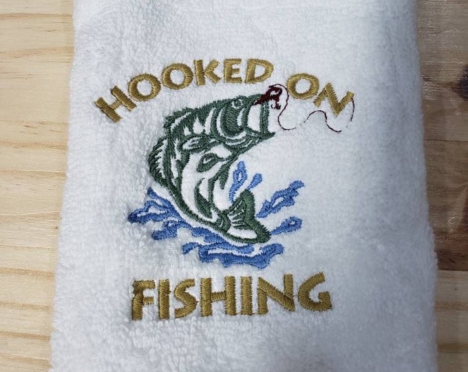 Hooked on fishing hand towel set custom embroidered personalized