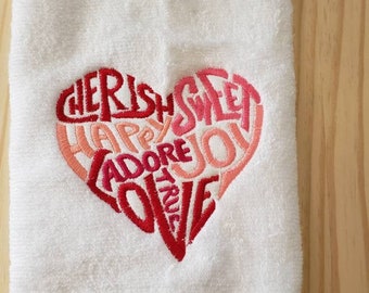 Love heart word art hand towel set custom embroidered personalized