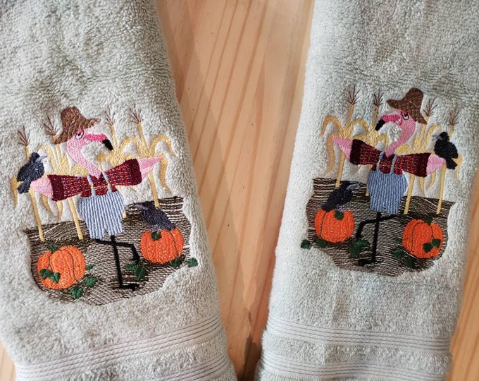 Fall Halloween Pumpkin Scarecrow Flamingo custom embroidered hand towel set