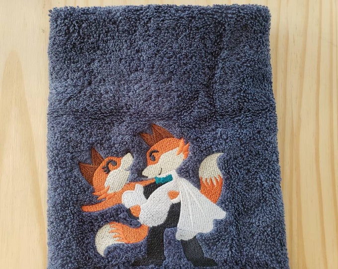 Bride Groom Fox Wedding custom embroidered hand towel set