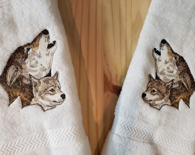 Wolf and pup bath hand towel custom embroidered personalized