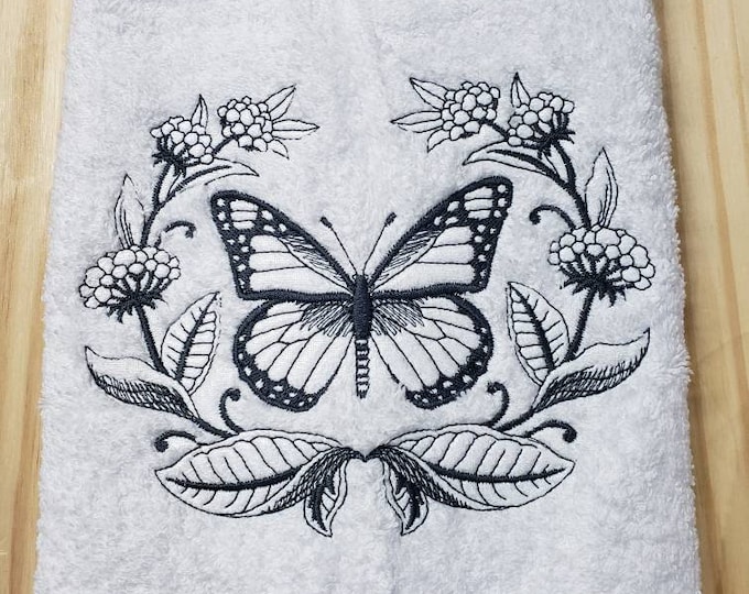 Monarch Butterfly wreath laurel bath hand towel set custom embroidered personalized