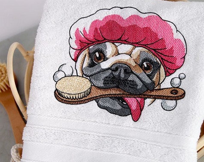 Pug dog bubble bath hand towel  custom embroidered personalized