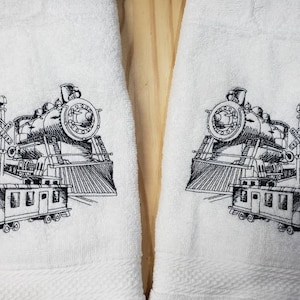 Steam Engine Train sketch hand towel set custom embroidered