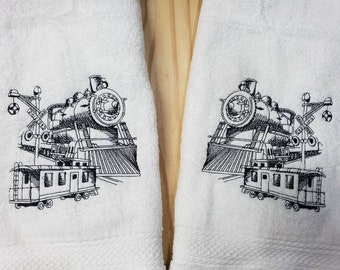 Steam Engine Train sketch hand towel set custom embroidered