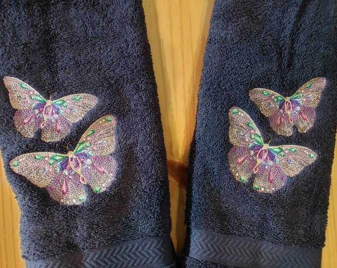 Bejeweled Butterfly Cascade Metallic hand towel set custom embroidered personalized