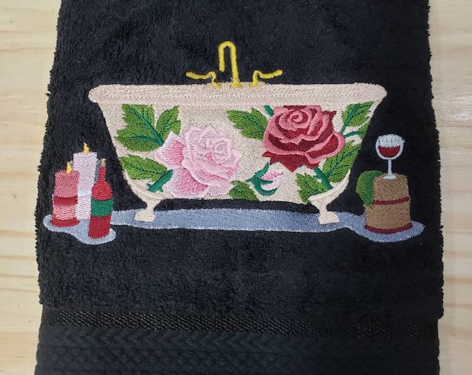 Antique clawfoot bathtub perfume roses custom embroidered hand towel set