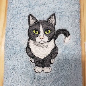 Black and white tuxedo cat bath hand towel set custom embroidered