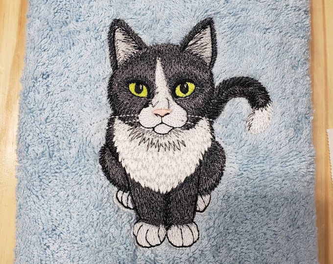 Black and white tuxedo cat bath hand towel set custom embroidered