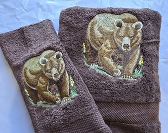 Grizzly Bear bath hand towel custom embroidered personalized