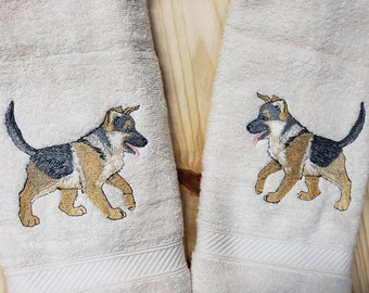German Shepherd puppy dog custom embroidered hand towel set