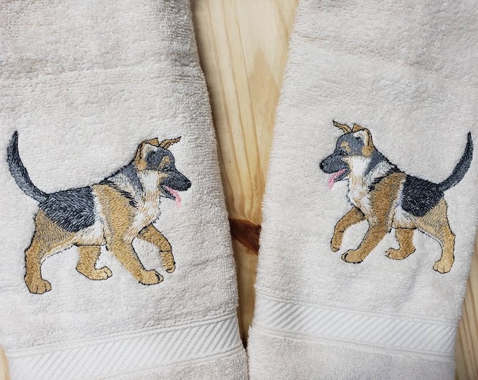 German Shepherd puppy dog custom embroidered hand towel set