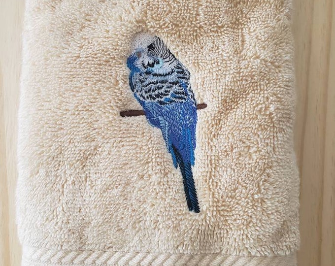 Blue Parakeet Bird hand towel set custom embroidered personalized