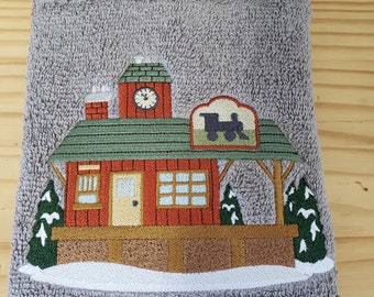 Christmas village train depot bath hand towel custom embroidered personalized