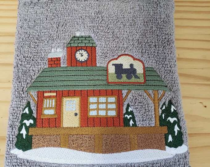 Christmas village train depot bath hand towel custom embroidered personalized