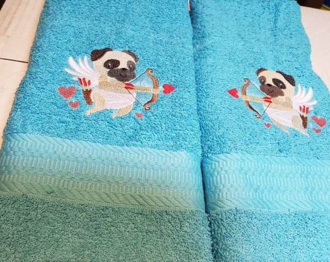 custom embroidered Pug dog cupid hand towel set