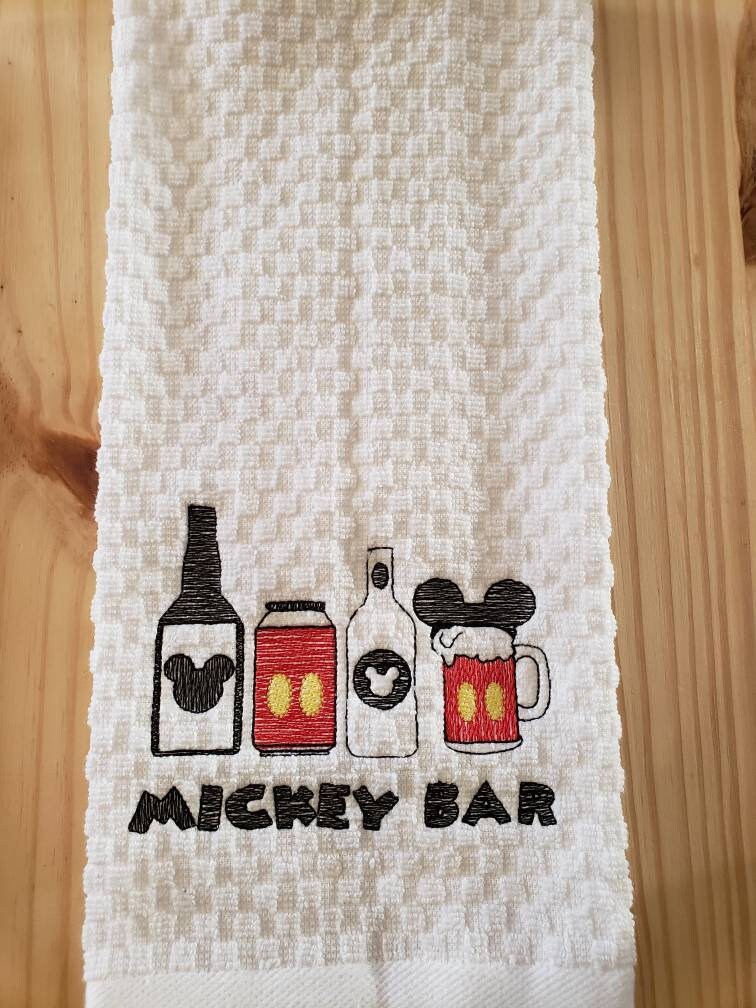 Mickey Minnie Mouse inspired beer wine cocktail bar kitchen dish towel  custom embroidered