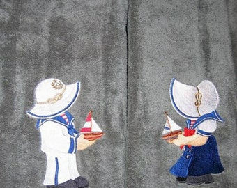 Nautical sunbonnet Sailor boat his hers set of 2 hand towels custom embroidered