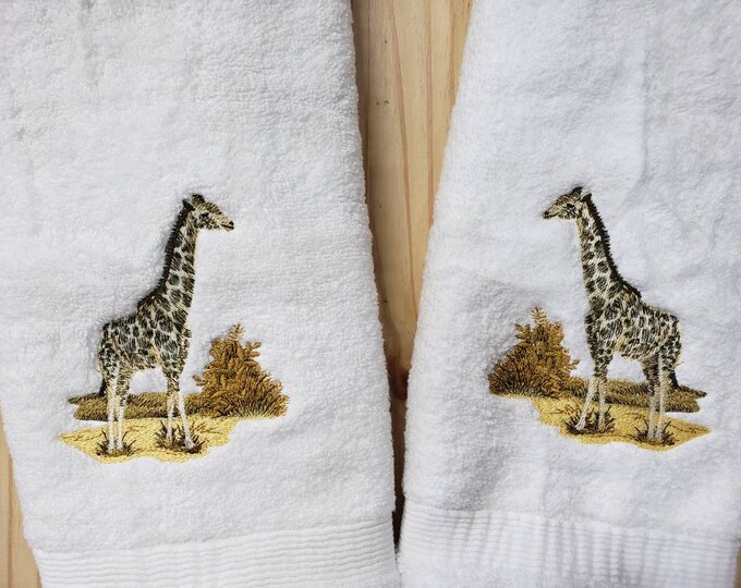 Sepia Giraffe Safari custom embroidered hand towel set