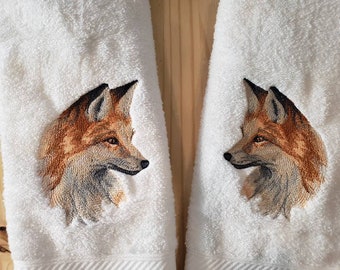 Realistic Fox bath hand towel  custom embroidered personalized