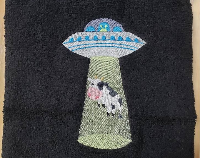 Alien UFO spaceship cow beam  hand towel set custom embroidered personalized