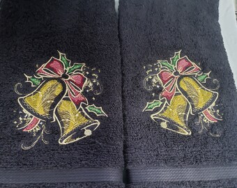 Christmas bells Metallic Gold hand towel set custom embroidered personalized