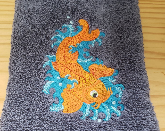 Koi fish ocean waves  bath hand towel set custom embroidered
