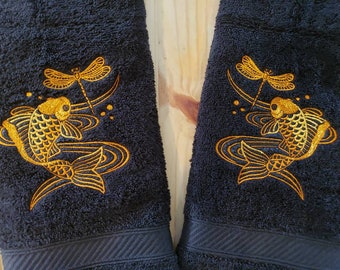 Koi Fish and Dragonfly Metallic hand towel set custom embroidered personalized