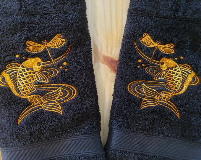 Koi Fish and Dragonfly Metallic hand towel set custom embroidered personalized