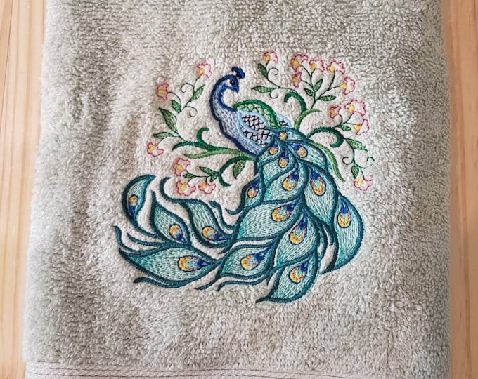Whimsical peacock bird hand towel set custom embroidered
