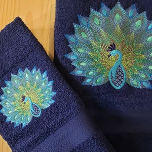 Peacock Feather bath hand towel Custom Embroidered Personalized