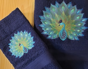 Peacock Feather bath hand towel Custom Embroidered Personalized