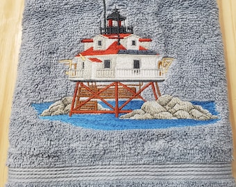Thomas Point Shoal Lighthouse Maryland bath hand towel custom embroidered personalized