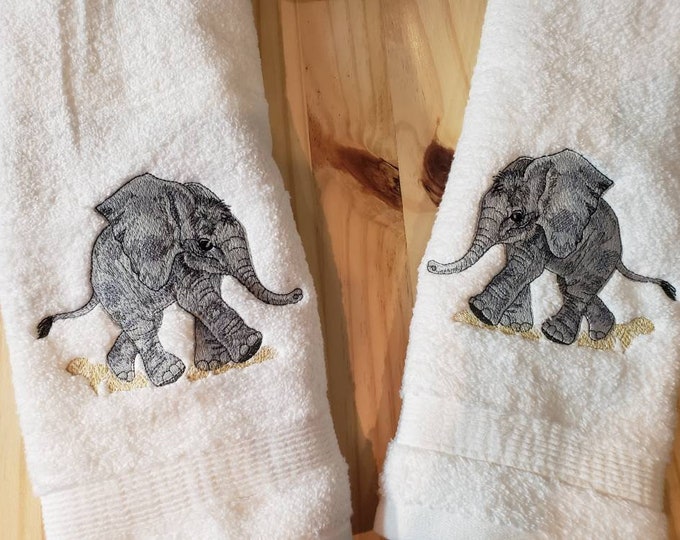 Baby elephant calf custom embroidered hand towel set
