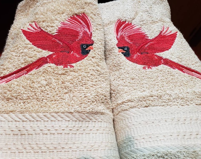 Red Cardinal Bird in flight set of 2 hand towels custom embroidered
