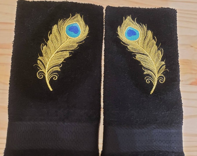 Peacock bird feather metallic hand towel set custom embroidered personalized