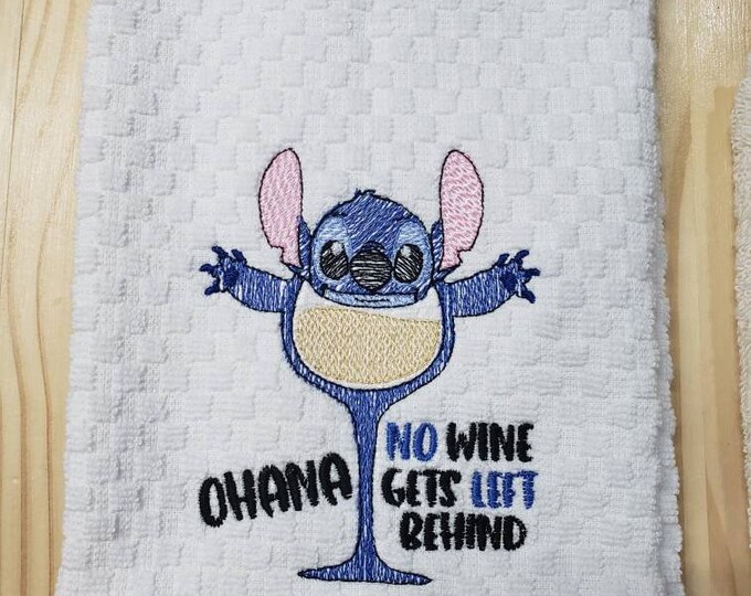 Stitch Alien inspired Ohana wine glass kitchen dish towel