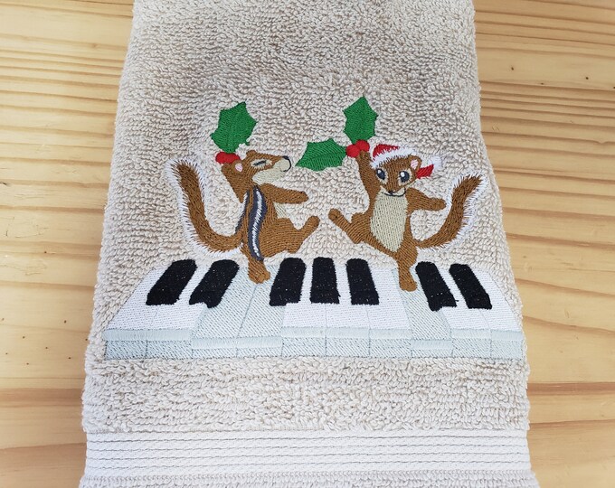 Christmas Chipmunk Piano bath hand towel set custom embroidered